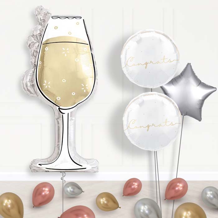 Black and Gold Wine Glass Balloon Bouquet Delivery | Giant Balloon + 2 Themed Balloons + 1 Plain Balloon + Mini Balloons | Party Save Smile
