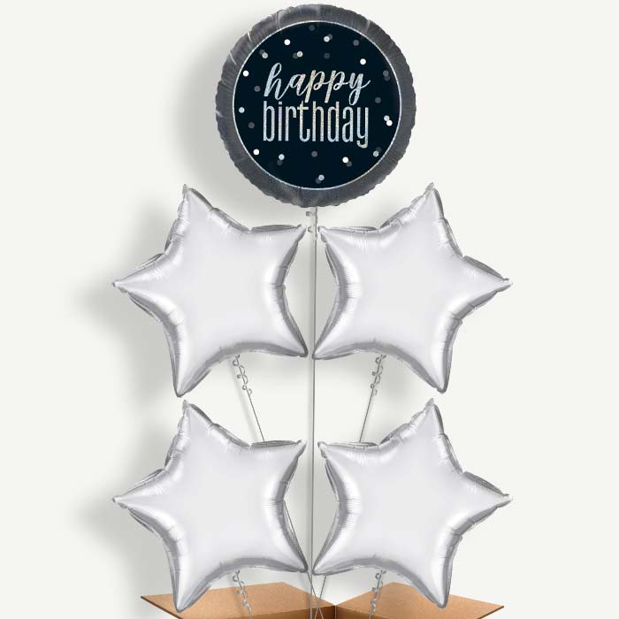 Black & Silver Holographic Happy Birthday Balloon Cluster | Party Save Smile