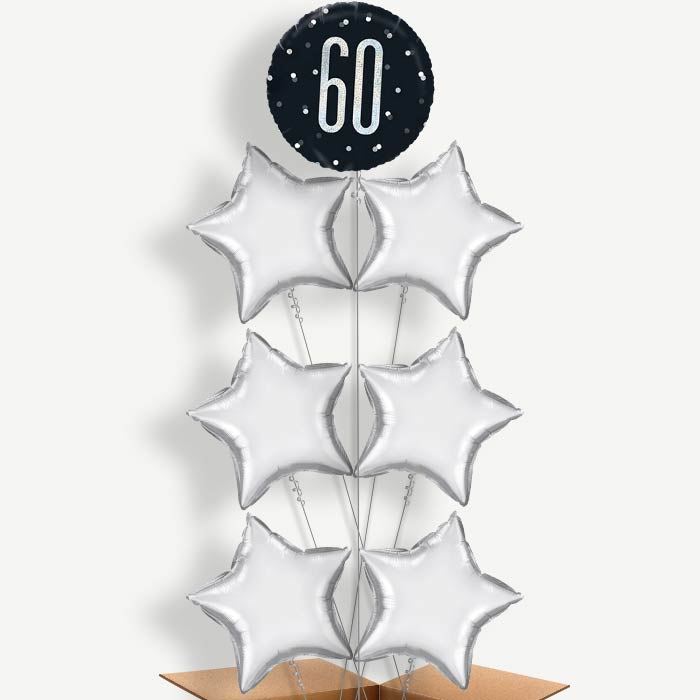 Silver & Black 60th Birthday Helium Balloon Arrangement | Party Save Smile