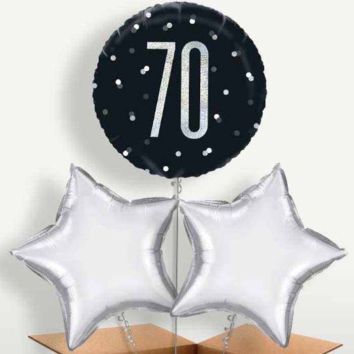Black & Silver 70th Bunch of Balloons inflated with Helium | Party Save Smile