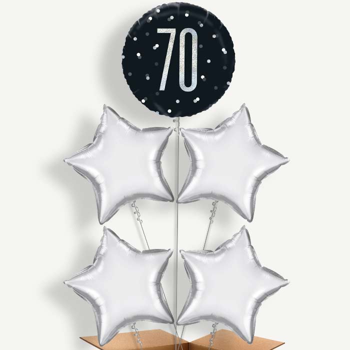 Black & Silver 70th Balloon Cluster Inflated with Helium | Party Save Smile