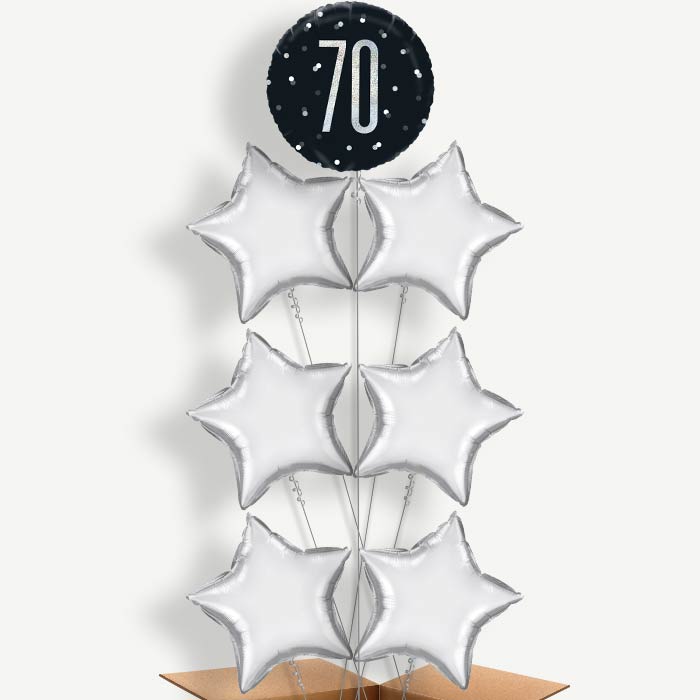 Black & Silver 70th Balloon Arrangement Inflated with Helium | Party Save Smile