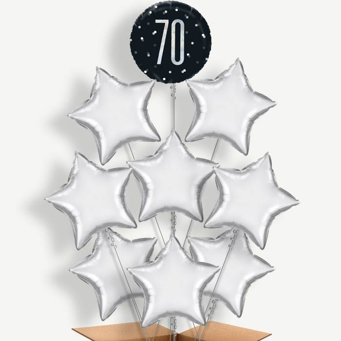 Black & Silver 70th Balloon Bundle Inflated with Helium | Party Save Smile