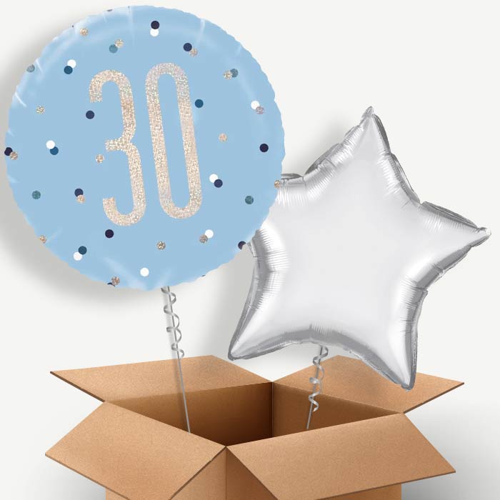 Blue and Silver Holographic 30th Birthday Helium Balloon Duo | Party Save Smile