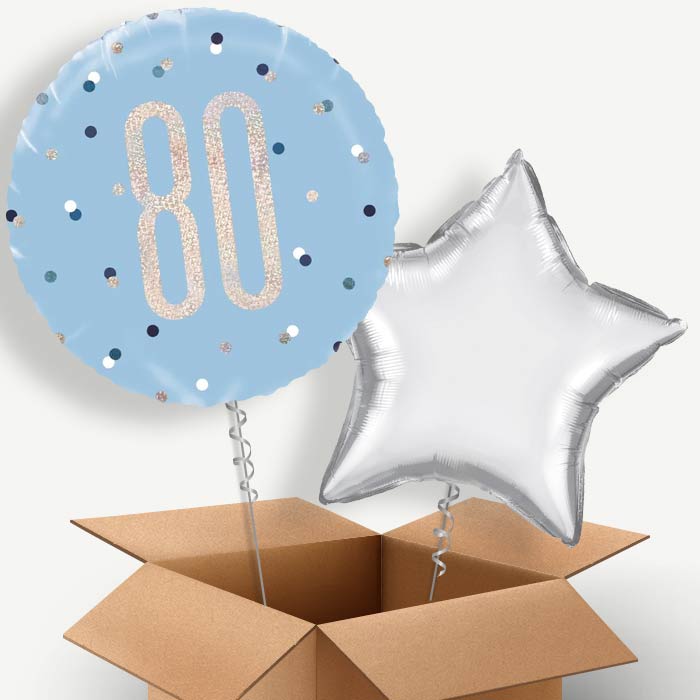 Blue and Silver Holographic 80th Birthday Helium Balloon Duo | Party Save Smile