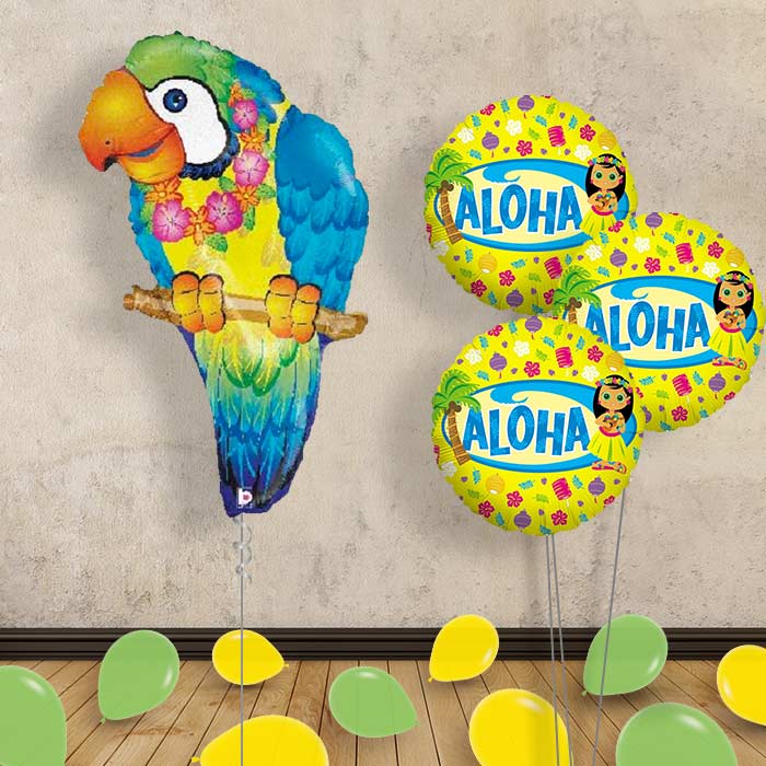 Tropical Parrot Inflated Helium Balloons Delivered - Themed Bouquet and Latex | Party Save Smile