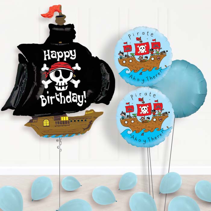 Pirate Happy Birthday Balloon Bouquet Delivered-Giant Balloon + 2 Themed Balloons + 1 Plain Balloon + Mini Balloons
