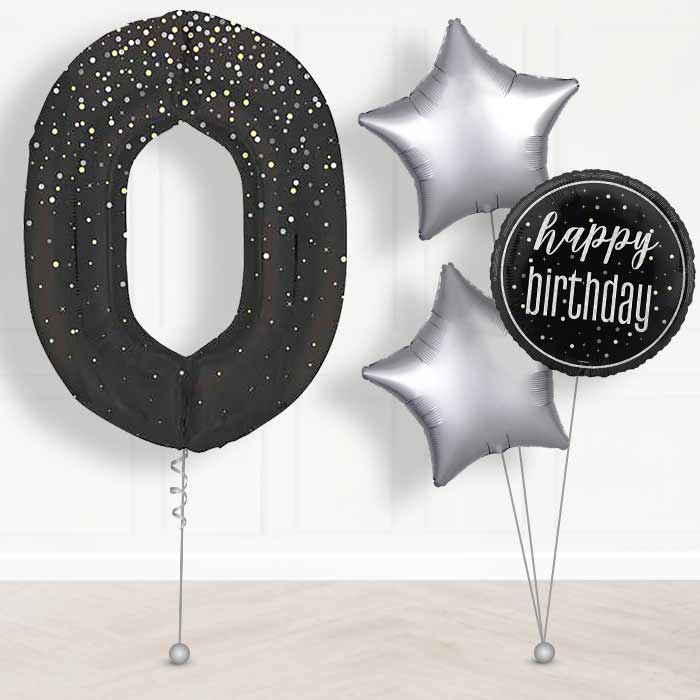 Black and Silver Dots Number 0 Helium Balloon in a Box - Giant Number and 3 Balloons | Party Save Smile