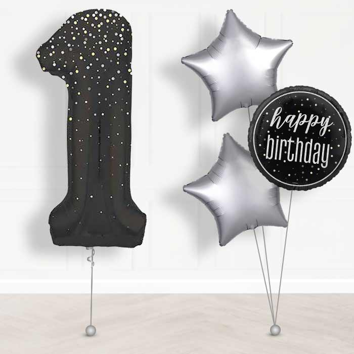 Black and Silver Dots Number 1 Helium Balloon in a Box - Giant Number and 3 Balloons | Party Save Smile