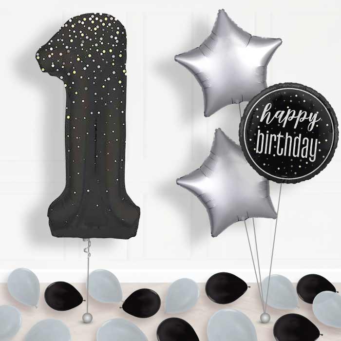 Black and Silver Dots Number 1 Helium Balloon in a Box - Package | Party Save Smile