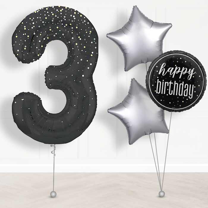 Black and Silver Dots Number 3 Helium Balloon in a Box - Giant Number and 3 Balloons | Party Save Smile