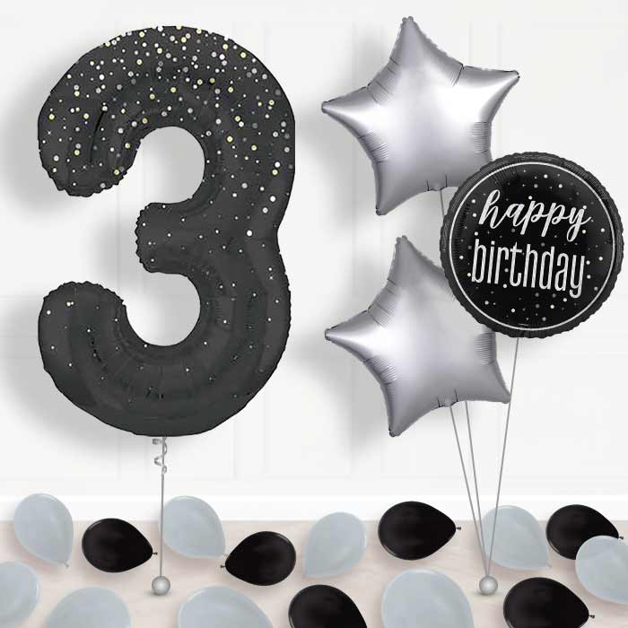 Black and Silver Dots Number 3 Helium Balloon in a Box - Package | Party Save Smile