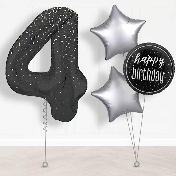 Black and Silver Dots Number 4 Helium Balloon in a Box - Giant Number and 3 Balloons | Party Save Smile