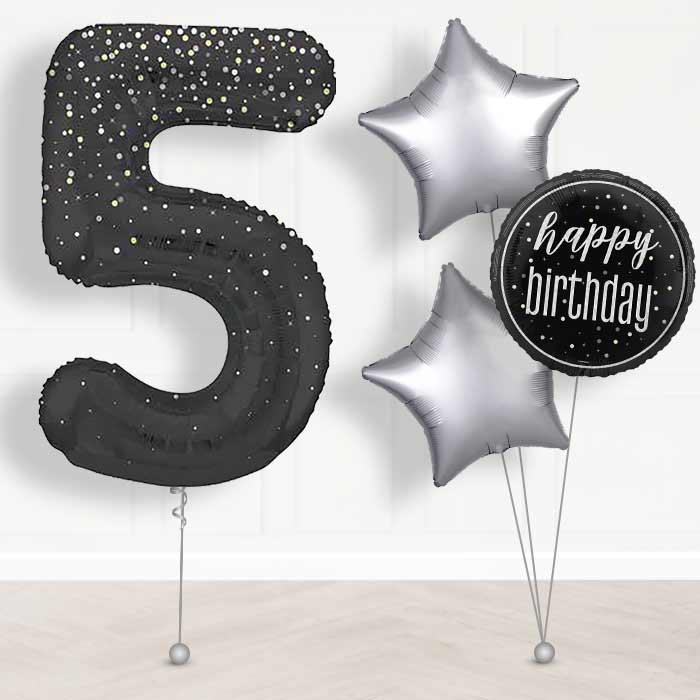 Black and Silver Dots Number 5 Helium Balloon in a Box - Giant Number and 3 Balloons | Party Save Smile