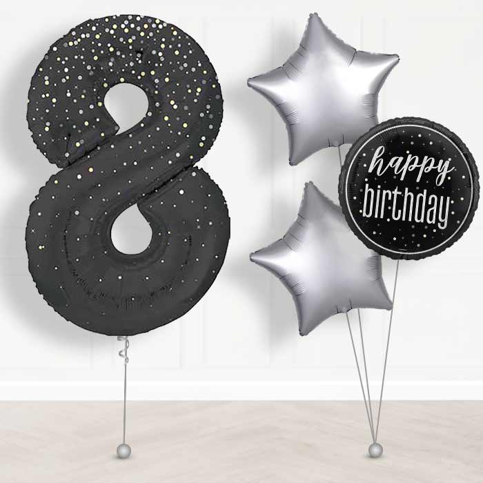 Black and Silver Dots Number 8 Helium Balloon in a Box - Giant Number and 3 Balloons | Party Save Smile