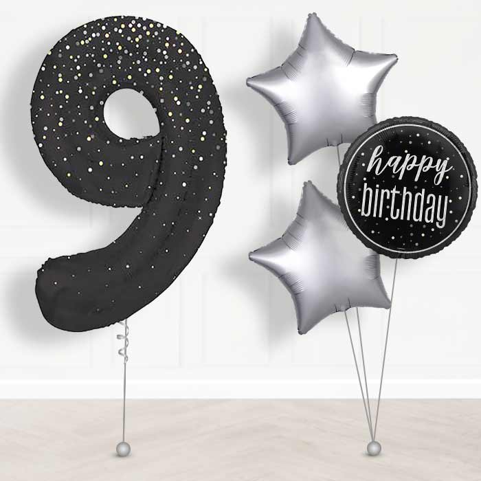 Black and Silver Dots Number 9 Helium Balloon in a Box - Giant Number and 3 Balloons | Party Save Smile
