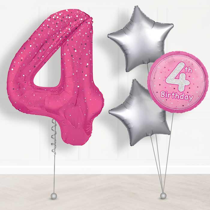 Hot Pink Dots Number 4 Helium Balloon in a Box - Giant Number and 3 Balloons | Party Save Smile