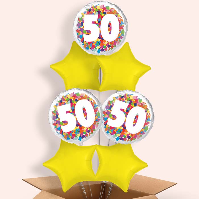 Bright Confetti 50th Birthday Helium Balloon in a Box - 7 Balloons | Party Save Smile
