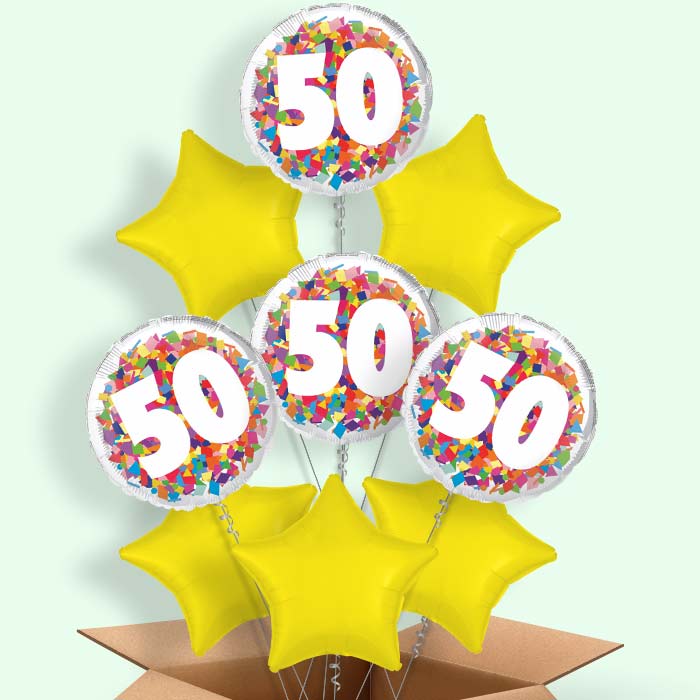 Bright Confetti 50th Birthday Helium Balloon in a Box - 9 Balloons | Party Save Smile