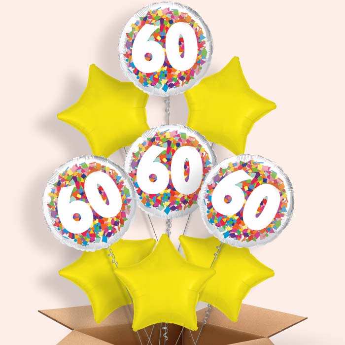 Bright Confetti 60th Birthday Helium Balloon in a Box - 9 Balloons | Party Save Smile