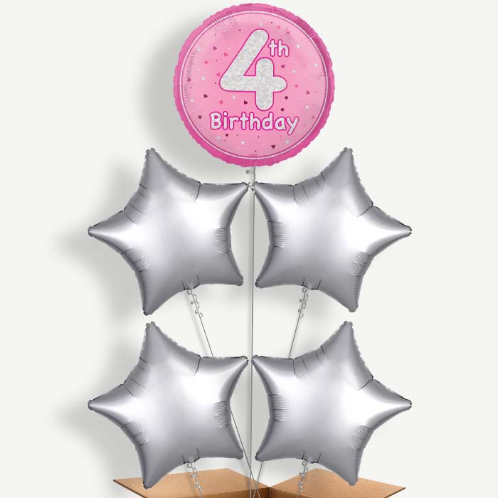 Pink & Silver 4th Birthday Helium Cluster Balloons | Party Save Smile