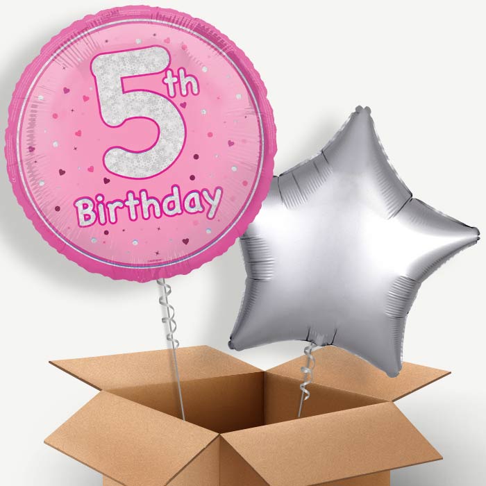 Pink and Silver 5th Birthday Helium Balloon Couple | Party Save Smile