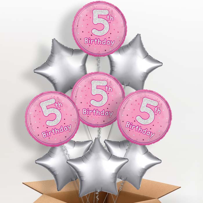 Pink and Silver 5th Birthday Helium Balloon in a Box - 9 Balloon | Party Save Smile