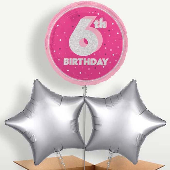 Hot Pink & Silver 6th Birthday Balloons in a Bunch | Party Save Smile
