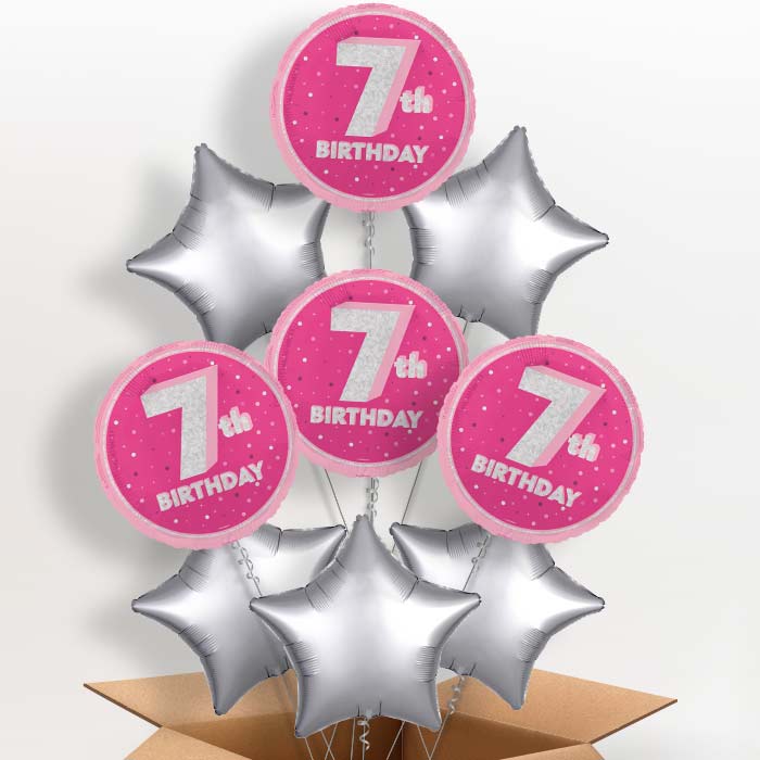 Hot Pink and Silver 7th Birthday Helium Balloon in a Box - 9 Balloon | Party Save Smile