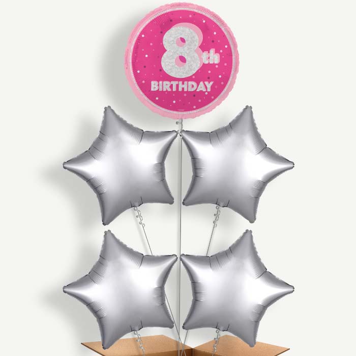 Hot Pink & Silver 8th Birthday Helium Cluster Balloons | Party Save Smile
