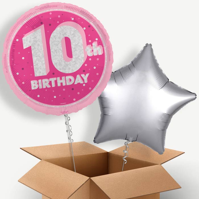 Hot Pink and Silver 10th Birthday Helium Balloon Pair | Party Save Smile