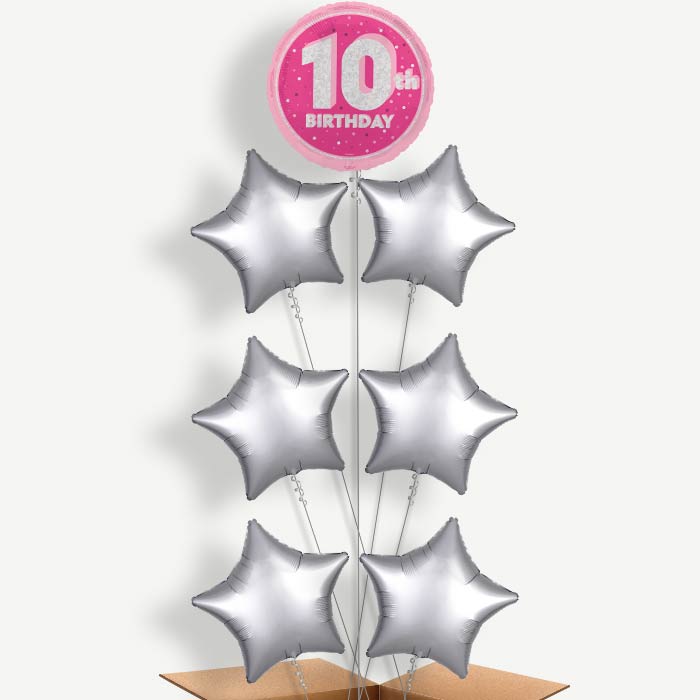 Hot Pink & Silver 10th Birthday Helium Balloon Arrangement | Party Save Smile
