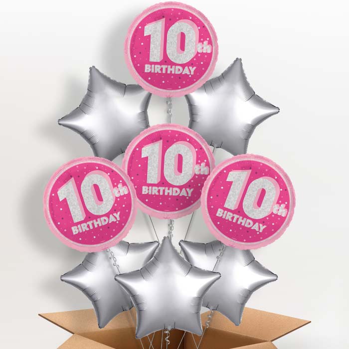 Hot Pink and Silver 10th Birthday Helium Balloon in a Box - 9 Balloon | Party Save Smile