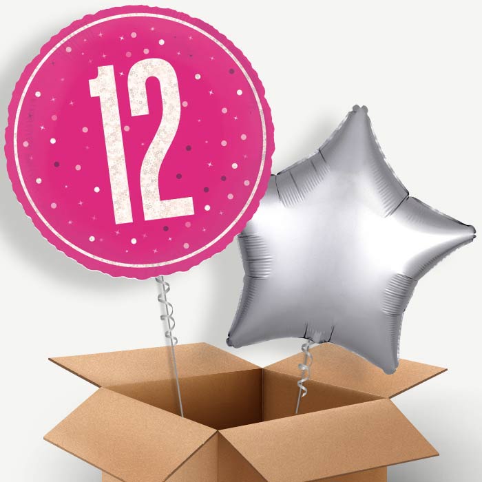 Hot Pink and Silver 12th Birthday Helium Balloon Pair | Party Save Smile