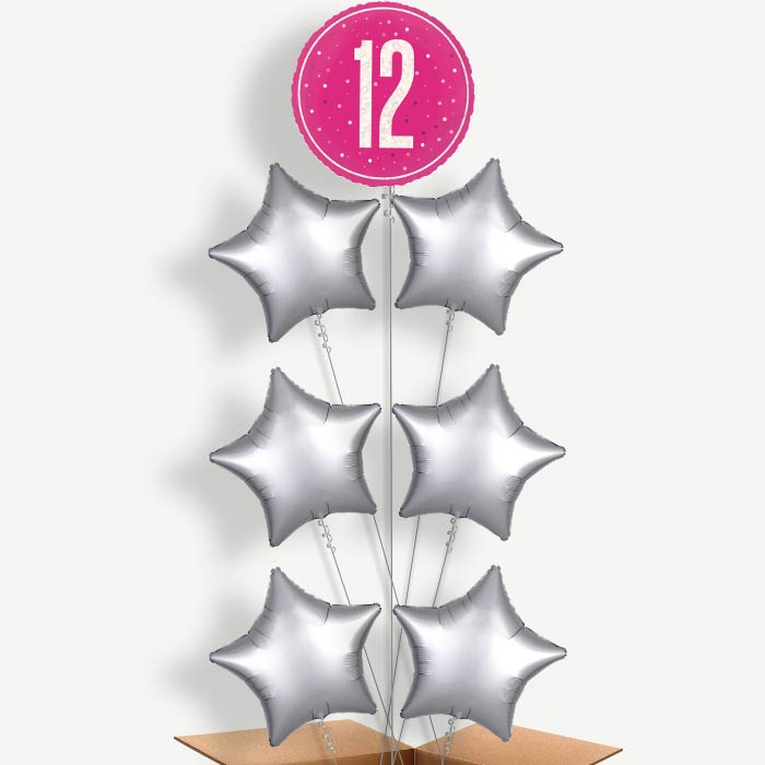 Hot Pink & Silver 12th Birthday Helium Balloon Arrangement | Party Save Smile