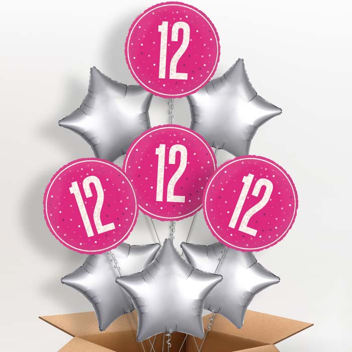 Hot Pink and Silver 12th Birthday Helium Balloon in a Box - 9 Balloon | Party Save Smile