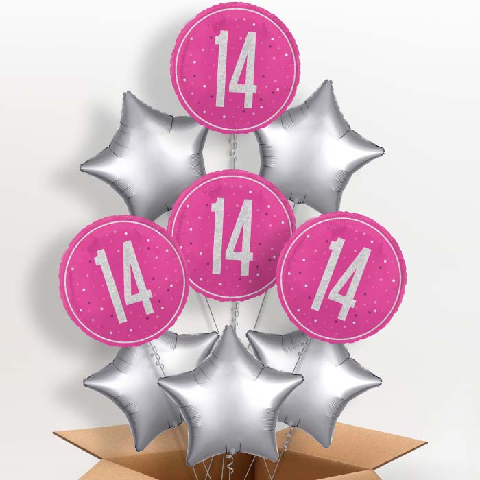 Hot Pink and Silver 14th Birthday Helium Balloon in a Box - 9 Balloon | Party Save Smile