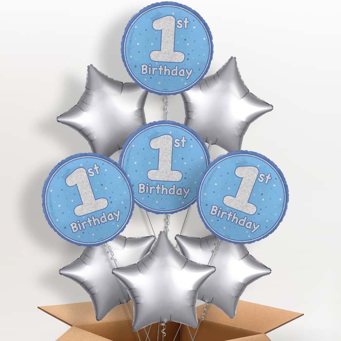 Blue and Silver 1st Birthday Helium Balloon in a Box - 9 Balloon | Party Save Smile