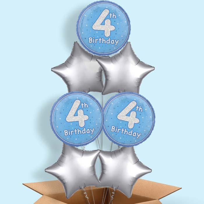 Blue and Silver 4th Birthday Helium Balloon in a Box - 7 Balloon | Party Save Smile