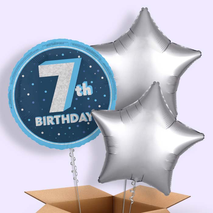 Navy Blue and Silver 7th Birthday Helium Balloon in a Box - 3 Balloon | Party Save Smile