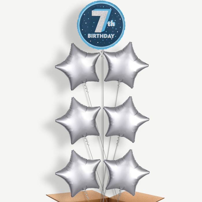 Navy Blue and Silver 7th Birthday Helium Balloon Arrangement | Party Save Smile