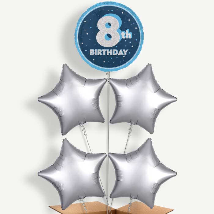 Navy Blue & Silver 8th Birthday Helium Cluster Balloons | Party Save Smile
