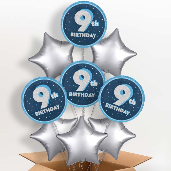 Navy Blue and Silver 9th Birthday Helium Balloon in a Box - 9 Balloon | Party Save Smile