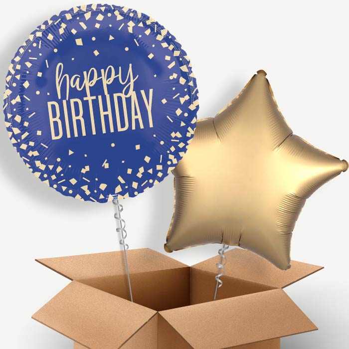 Navy Blue and Gold Confetti Happy Birthday Helium Balloon Pair | Party Save Smile