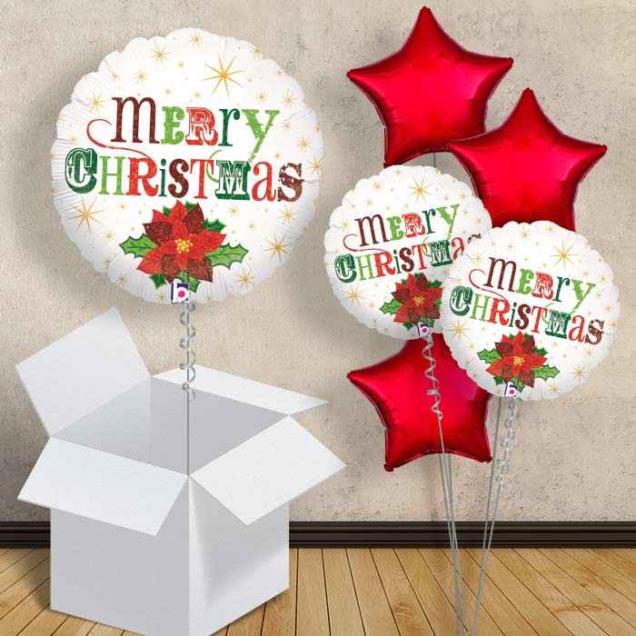 Poinsettia Merry Christmas Helium Balloon in a Box - 1 Balloon | Party Save Smile