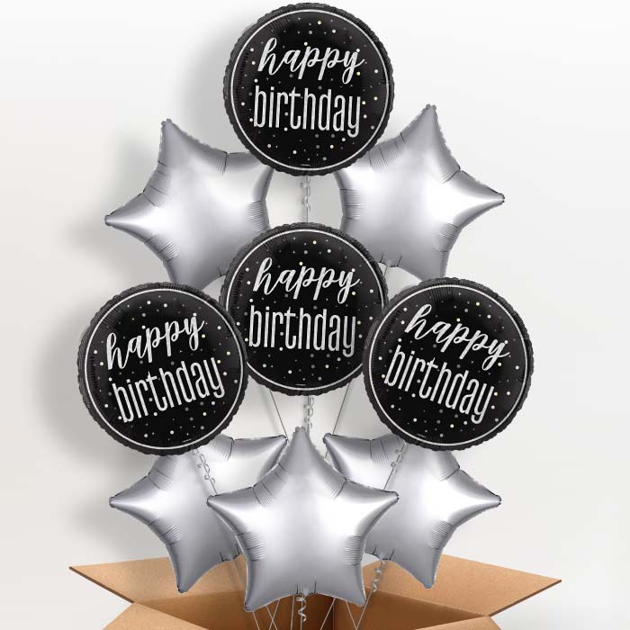 Black and Silver Happy Birthday Helium Balloon in a Box - 9 Balloon | Party Save Smile