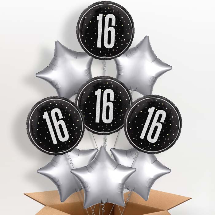 Black and Silver 16th Birthday Helium Balloon in a Box - 9 Balloon | Party Save Smile
