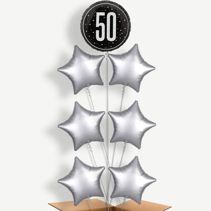 Black and Silver 50th Birthday Helium Balloon Arrangement | Party Save Smile