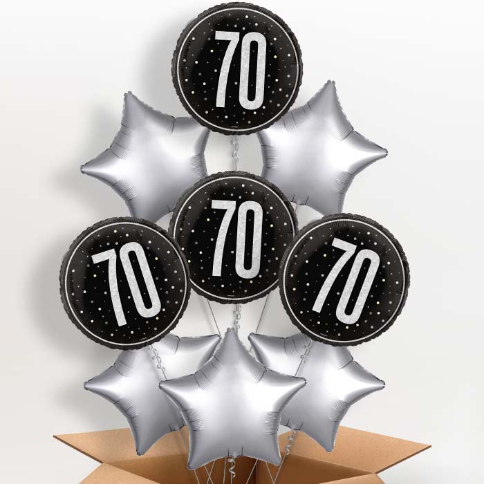 Black and Silver 70th Birthday Helium Balloon in a Box - 9 Balloon | Party Save Smile