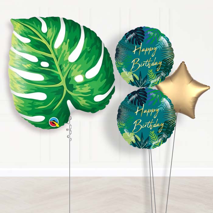 Tropical Leaf Birthday Balloon Bouquet-Giant Balloon + 2 Themed Balloons + 1 Plain Balloon